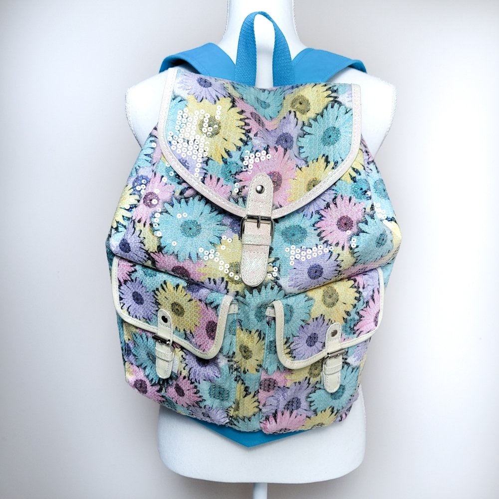 Justice Colorful Daisy Pattern Sequin Backpack -Brand New